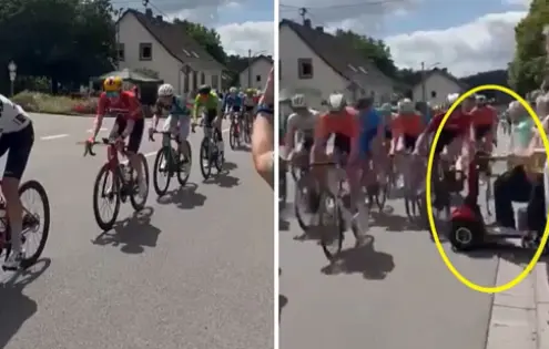 Důchodkyně na vozítku vjela do pelotonu. Následoval hromadný pád
